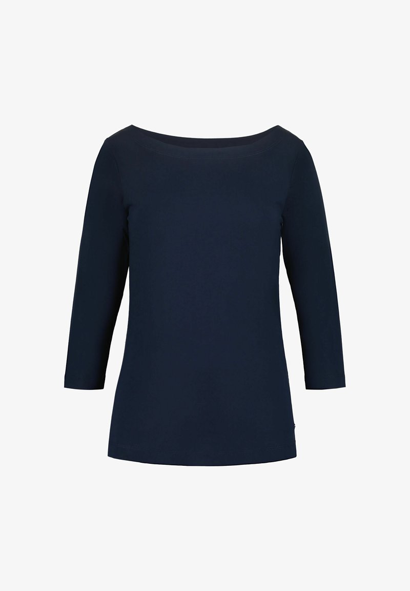 Granatowy, długi rękaw z dekoltem w łódkę, wykonany z gładkiej tkaniny, z prostym krojem i detalami przeszyć wzdłuż szwów.