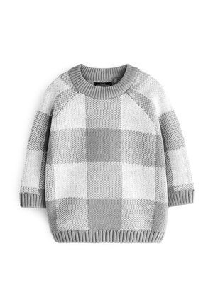 Grober Strickpullover mit großem kariertem Muster in Grau und Weiß, gerippter Rundhalsausschnitt, Bündchen und Saum, geeignet für kaltes Wetter.