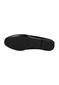 Suela de zapato de goma negra con un patrón de agarre texturizado y un borde suave. Presenta una marca en relieve en la zona del talón de la suela.