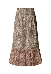 Beež elastse vöökohaga seelik pruunide geomeetriliste mustrite ja kurrulise äärega, millel on mitmevärvilised lille- ja teemantmustrid.