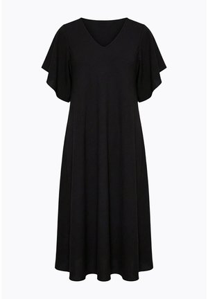 Sort midi-kjole med V-hals og flagrende ærmer, løs A-linje pasform, glat stof, vist på en enkel hvid baggrund.