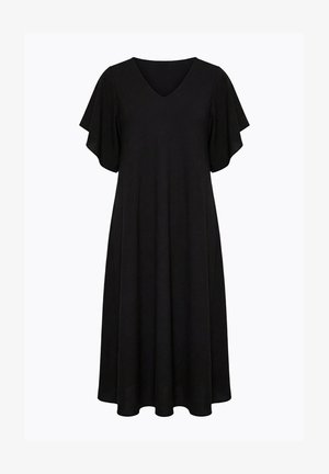 Sort midi-kjole med V-hals og flagrende ærmer, løs A-linje pasform, glat stof, vist på en enkel hvid baggrund.