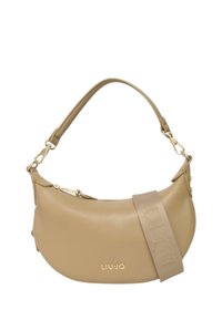 Borsa a spalla beige realizzata in pelle sintetica testurizzata, caratterizzata da una forma curva, hardware dorato e una tracolla rimovibile con dettagli del logo.