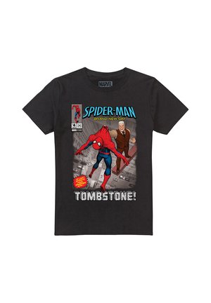 Black Spider-Man T-shirt featuring Spider-Man swinging in front of a large man with white hair, text reads "Spider-Man Brand New Day Tombstone".