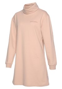 Helles pinkes Turtleneck-Kleid aus weichem Stoff. Verfügt über lange Ärmel und ein gesticktes "LASCANA"-Logo auf der Brust. Lockerer Schnitt.