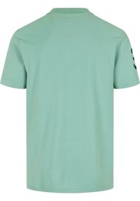 Mintgrön kortärmad pikétröja med texturerad tyg, flat krage och svart tryckt mönster på vänster ärm.