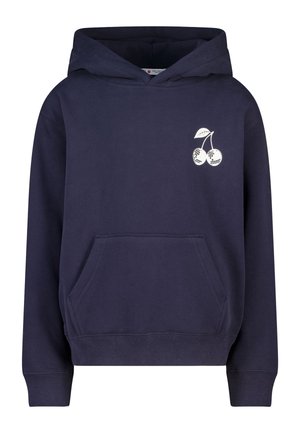 Marineblauwe hoodie met voorzak en witte kersengrafiek met blaadjes op de linkerbovenborst.