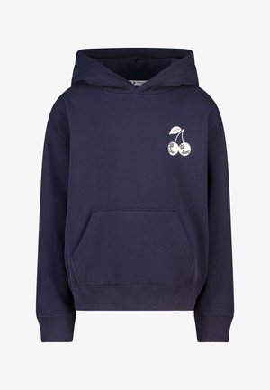 Sweat à capuche bleu marine avec poche avant et motif de cerise blanche avec feuilles sur le haut gauche de la poitrine.
