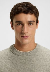 Maglione grigio a girocollo lavorato a maglia con colletto a coste, tessuto testurizzato, indossato sopra una camicia beige; il modello ha i capelli corti e ricci di colore castano.