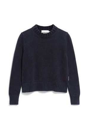 Pull en tricot bleu marine avec un col rond et un ourlet côtelé ; possède des manches longues et une texture subtile sur l'ensemble. Aucun motif ou logo visible.