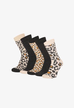 Five pairs of mid-calf socks alternating solid dark gray and leopard print patterns in beige, orange, black, and gray tones.