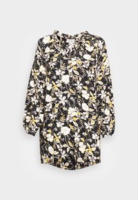 Vestido preto com padrão floral, apresentando uma mistura de flores amarelas e brancas, mangas longas com punhos elásticos e um design de decote com botões.