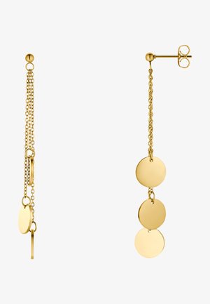 Goldfarbene Ohrringe mit drei runden Scheiben, die an Kettenglieder hängen, mit einer Steckverschluss und einer glatten, glänzenden Oberfläche.