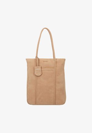 Sac fourre-tout en cuir beige avec texture lisse, double anses, poche avant et étiquette de marque. Forme rectangulaire avec des détails de couture subtils.