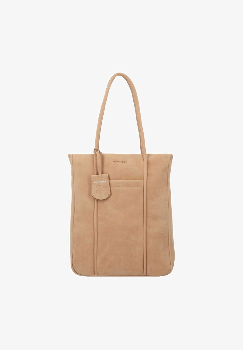 Borsa tote in pelle beige con superficie liscia, doppi manici, tasca frontale e etichetta con marchio. Forma rettangolare con dettagli di cucitura sottili.