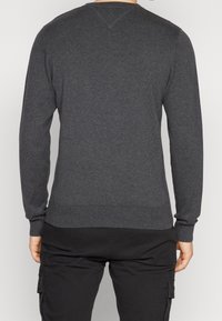 Grauer Strickpullover mit langen Ärmeln, gerippten Bündchen und Saum, der einen klassischen Schnitt und eine glatte Textur aufweist. Keine sichtbaren Muster oder Akzente.