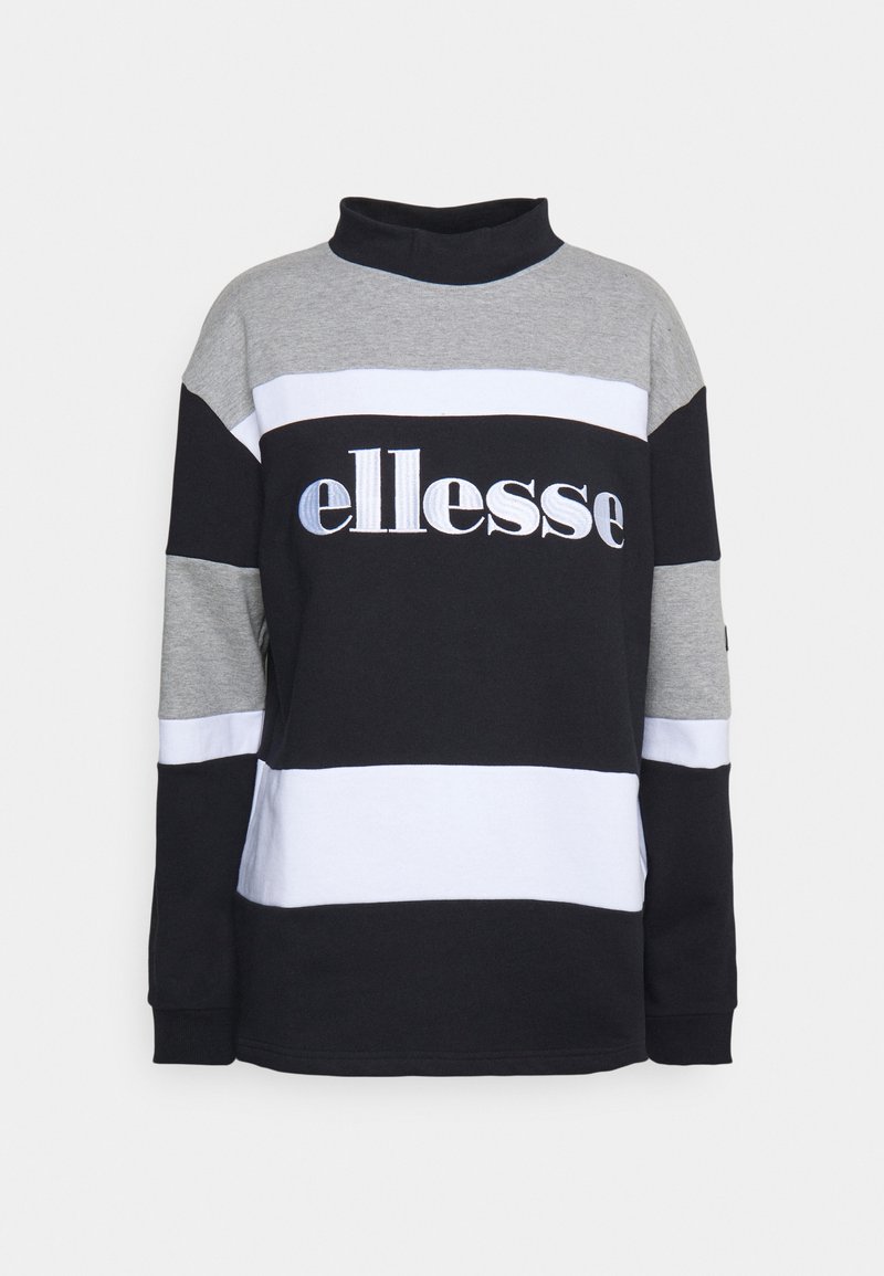 Svart, grå och vit randig sweatshirt med hög krage och långa ärmar; har en broderad "ellesse"-logotyp på framsidan.