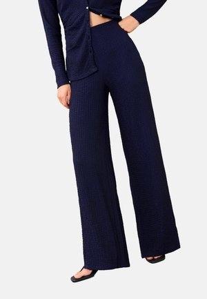 Naine kannab kõrge vöökohaga laia säärega laeväärtis tumesiniseid pükse ja sobivat nööbitavat pika varrukaga tuba, üks käsi taskus ja mustad sandaalid jalas.