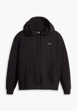 Black hooded sweatshirt made of soft fabric, featuring a front pocket, ribbed cuffs, and a small white logo on the chest.