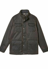 Dunkelgraue Canvas-Jacke mit hohem Kragen, ausgestattet mit vier Fronttaschen, Druckknöpfen und einer strukturierten Oberfläche. Auffällige Steppdetails.