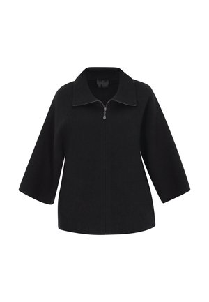 Schwarze Jacke mit Reißverschluss und weitem Kragen, gefertigt aus weichem, strukturiertem Stoff. Verfügt über dreiviertellange Ärmel und ein schlankes, minimalistisches Design.