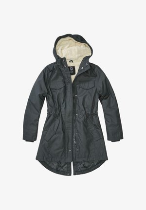 Melna parka jaka ar kapuci, kas odēts ar kažokādu, rāvējslēdzēju un piespraužamu aizdari, divām krūšu kabatām un regulējamu vidukli un apakšu.