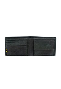 Cartera de cuero negra, diseño bifolde, con múltiples ranuras para tarjetas y un bolsillo con protección RFID con detalles en relieve. Textura suave.