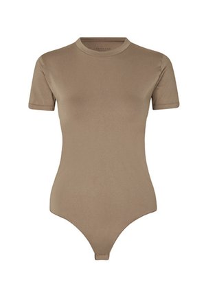 Trumpomis rankovėmis, prigludusi smėlio spalvos bodis su apvalia iškirpte ir prisegimu kirkšnyje, skirtas moterims.