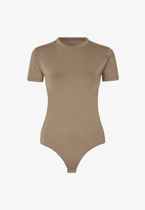Kortærmet, tætsiddende beige bodystocking med rund hals og lukning med trykknapper ved skridtet, designet til kvinder.