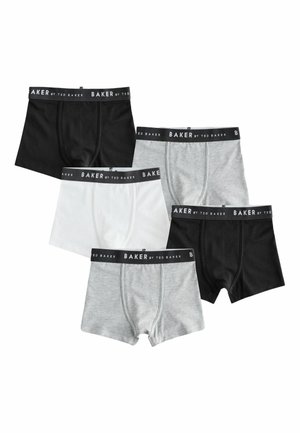 Five pairs of men's boxer briefs in black, white, and gray, each with a black waistband labeled "BAKER BY TED BAKER."