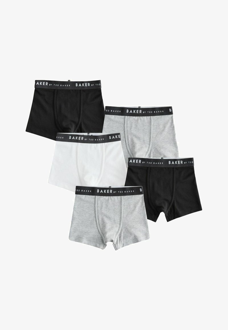 Cinq paires de boxers pour hommes en noir, blanc et gris, chacune munie d'une ceinture noire portant l'inscription « BAKER BY TED BAKER ».