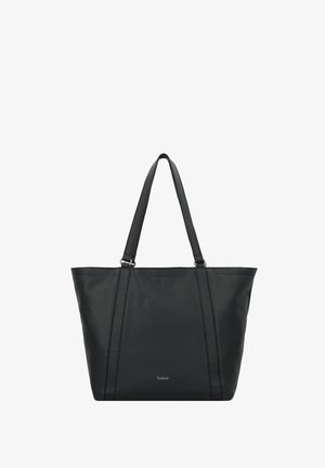 Borsa tote in pelle nera con una texture a rilievo, due manici per spalla e un branding discreto sul davanti. Design con apertura superiore e minimal hardware.