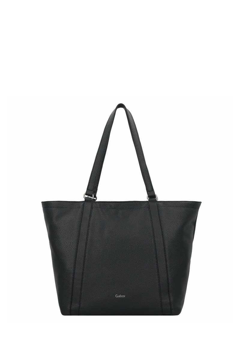 Borsa tote in pelle nera con una texture a rilievo, due manici per spalla e un branding discreto sul davanti. Design con apertura superiore e minimal hardware.