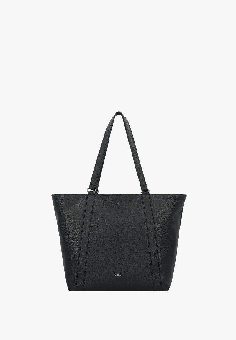 Sac fourre-tout en cuir noir avec une texture granulée, deux bretelles, et un logo discret sur le devant. Design à ouverture supérieure avec un matériel minimal.