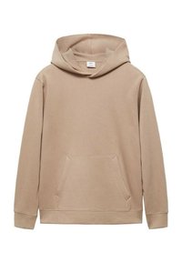 Felpa a cappuccio beige con tasca a marsupio frontale, maniche lunghe e cappuccio, mostrata piatta su uno sfondo bianco.