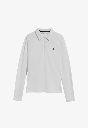 Biała, długorękawowa koszulka polo z pięcioma guzikami i małym czarnym logo golfisty na lewej piersi, ułożona płasko na białym tle.