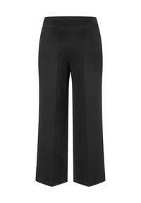 Schwarze, weit geschnittene Hosen aus glattem Stoff. Mit einem flachen Bund ohne sichtbare Verschlüsse und zwei seitlichen Taschen.