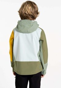 Farbenfrohe Jacke mit einem Design in Mintgrün, Olivgrün und Gelb, ausgestattet mit einer Kapuze und glattem, strukturiertem Stoff.
