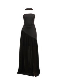 Black evening gown featuring a fitted bodice, a flowing sheer skirt, and a layered design. Includes a matching off-the-shoulder top.