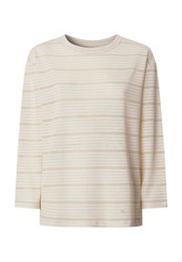 Chemise crème à manches longues avec fines rayures horizontales beige et col rond sur fond blanc.