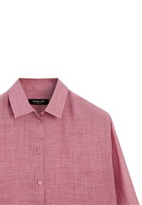 Pink linen button-up shirt with collar, featuring four visible buttons and a Massimo Dutti label inside the neckline.