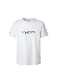 White cotton t-shirt featuring blue "PEPE JEANS LONDON" text centered on the chest, short sleeves, and a classic crew neckline.