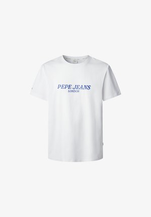 Λευκό βαμβακερό t-shirt με μπλε κείμενο "PEPE JEANS LONDON" κεντραρισμένο στο στήθος, κοντά μανίκια και κλασικό στρογγυλό λαιμό.