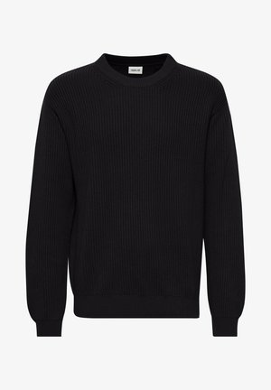 Maglione nero a maglia con texture a coste, scollatura rotonda e maniche lunghe. I polsini e l'orlo sono rifiniti con un morbido elastico.