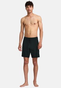 Black swim trunks with an elastic waistband and drawstring, featuring a smooth texture and minimal design. No visible patterns or accents.