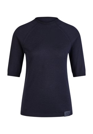 Navy blue short-sleeve knit top with crew neck and small heart patch near hem on the left side.