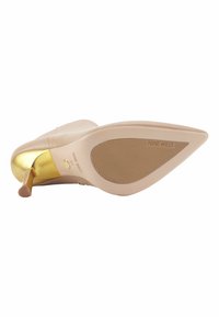 Zapato de tacón desnudo con puntera puntiaguda, parte superior de cuero suave y tacón dorado metálico. La suela presenta líneas de agarre texturizadas y una marca.