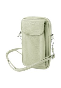 Groene leren crossbody-pouch met ritssluiting, voorflap en zilverkleurige hardware. Voorzien van een afneembare riem en een getextureerd oppervlak.