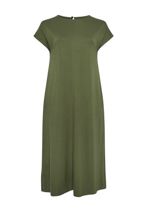 Oliwkowa sukienka midi z krótkim rękawem, okrągłym dekoltem i zapięciem na guziki z tyłu.