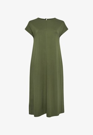 Oliwkowa sukienka midi z krótkim rękawem, okrągłym dekoltem i zapięciem na guziki z tyłu.